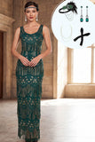 Vestido longo dos anos 1920, vestido verde escuro com decote redondo, lantejoulas e franjas, com acessórios de 4 peças