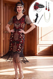 Vestido preto vermelho com lantejoulas e franjas bodycon dos anos 1920 com conjunto de acessórios de 5 peças