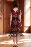 Vestido preto vermelho com lantejoulas e franjas bodycon dos anos 1920 com conjunto de acessórios de 5 peças