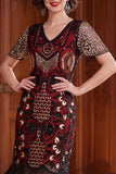 Vestido preto vermelho com lantejoulas e franjas bodycon dos anos 1920 com conjunto de acessórios de 5 peças
