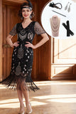 Vestido dos anos 1920 com decote em V e decote em V preto prateado com franjas, conjunto de acessórios de 5 peças
