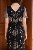 Vestido dos anos 1920 com decote em V e decote em V preto prateado com franjas, conjunto de acessórios de 5 peças