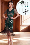 Vestido bodycon ajustado dos anos 1920 com franjas verde-escuras com lantejoulas e conjunto de acessórios de 4 peças