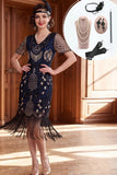 Vestido dos anos 1920 com decote em V preto prateado com lantejoulas, com franjas, com conjunto de acessórios de 5 peças