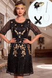 Vestido preto dourado de lantejoulas de gola redonda de mangas meias, linha A, dos anos 1920 com conjunto de acessórios de 4 peças