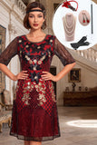 Vestido preto vermelho de lantejoulas de gola redonda Linha A de mangas meias dos anos 1920 com conjunto de acessórios de 4 peças