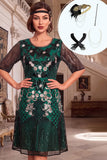 Vestido A-Line dos anos 1920 com Lantejoulas Verde-Escuras com Decote Arredondado, Mangas Curtas, Linha A