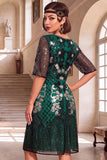 Vestido A-Line dos anos 1920 com Lantejoulas Verde-Escuras com Decote Arredondado, Mangas Curtas, Linha A