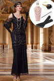 Vestido preto de lantejoulas com franjas, vestido comprido dos anos 1920 com 5 peças
