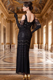 Vestido preto de lantejoulas com franjas, vestido comprido dos anos 1920 com 5 peças
