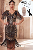 Vestido midi preto dos anos 1920 com decote em V, dourado e franjas, com conjunto de acessórios de 5 peças