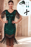 Vestido bodycon midi dos anos 1920 com decote em V verde-escuro com franjas e conjunto de acessórios de 4 peças