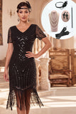 Vestido preto Midi midi com franjas e decote em V preto e conjunto de acessórios de 4 peças