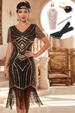 Vestido Bodycon Midi dos anos 1920 com Lantejoulas Pretas Douradas e Lantejoulas em V, com Conjunto de Acessórios de 4 Peças