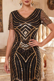 Vestido Bodycon Midi dos anos 1920 com Lantejoulas Pretas Douradas e Lantejoulas em V, com Conjunto de Acessórios de 4 Peças