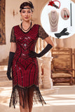 Vestido Midi dos anos 1920 com lantejoulas pretas vermelhas, lantejoulas e franjas, com conjunto de acessórios de 4 peças