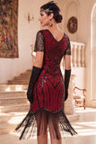 Vestido Midi dos anos 1920 com lantejoulas pretas vermelhas, lantejoulas e franjas, com conjunto de acessórios de 4 peças