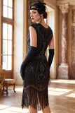 Vestido midi preto dos anos 1920 com decote redondo, lantejoulas, com franjas, com conjunto de acessórios de 5 peças