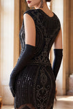 Vestido midi preto dos anos 1920 com decote redondo, lantejoulas, com franjas, com conjunto de acessórios de 5 peças