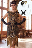 Vestido midi dos anos 1920 com decote redondo preto, lantejoulas douradas com franjas, com conjunto de acessórios de 4 peças