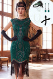 Bodycon vestido verde escuro de gola redonda com lantejoulas de mangas com franjas Midi dos anos 1920 com conjunto de acessórios de 4 peças
