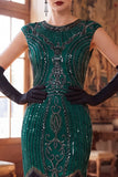 Bodycon vestido verde escuro de gola redonda com lantejoulas de mangas com franjas Midi dos anos 1920 com conjunto de acessórios de 4 peças
