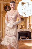 Vestido bodycon midi dos anos 1920 com decote em V e lantejoulas de alperce com franjas e conjunto de acessórios de 5 peças