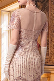 Vestido bodycon midi dos anos 1920 com decote em V e lantejoulas de alperce com franjas e conjunto de acessórios de 5 peças