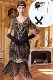 Vestido preto dourado com lantejoulas, bodycon franjas e franjas dos anos 1920, conjunto de acessórios de 4 peças