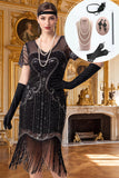 Vestido bodycon midi anos 1920 com decote em V preto prateado e lantejoulas com franjas, com conjunto de acessórios de 5 peças