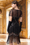 Vestido bodycon midi anos 1920 com decote em V preto prateado e lantejoulas com franjas, com conjunto de acessórios de 5 peças