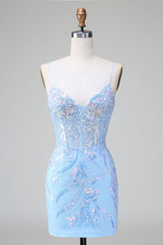 Blue Sequins Corset Open Back Vestido Curto de Regresso a Casa com Bordado