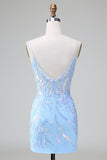 Blue Sequins Corset Open Back Vestido Curto de Regresso a Casa com Bordado