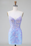 Blue Sequins Corset Open Back Vestido Curto de Regresso a Casa com Bordado