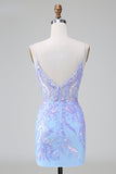 Blue Sequins Corset Open Back Vestido Curto de Regresso a Casa com Bordado