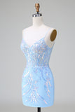 Blue Sequins Corset Open Back Vestido Curto de Regresso a Casa com Bordado