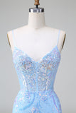 Blue Sequins Corset Open Back Vestido Curto de Regresso a Casa com Bordado