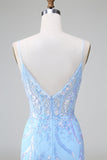 Blue Sequins Corset Open Back Vestido Curto de Regresso a Casa com Bordado