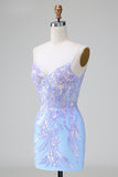 Blue Sequins Corset Open Back Vestido Curto de Regresso a Casa com Bordado