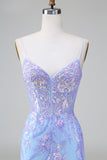 Blue Sequins Corset Open Back Vestido Curto de Regresso a Casa com Bordado