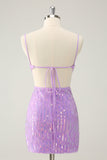 Glitter roxo apertado Sequined V pescoço curto Homecoming Dress