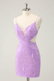 Glitter roxo apertado Sequined V pescoço curto Homecoming Dress