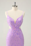 Glitter roxo apertado Sequined V pescoço curto Homecoming Dress