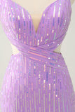 Glitter roxo apertado Sequined V pescoço curto Homecoming Dress