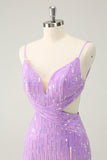 Glitter roxo apertado Sequined V pescoço curto Homecoming Dress