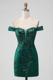 Sparkly verde escuro fora do ombro apertado curto Homecoming Dress com Sequins