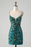 Brilhante verde escuro frisado Sequins Bodycon Homecoming Dress com renda-up para trás