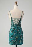 Brilhante verde escuro frisado Sequins Bodycon Homecoming Dress com renda-up para trás