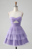 Bonito roxo A Line Espaghetti Correias Tulle Tiered Short Homecoming Dress