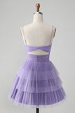 Bonito roxo A Line Espaghetti Correias Tulle Tiered Short Homecoming Dress